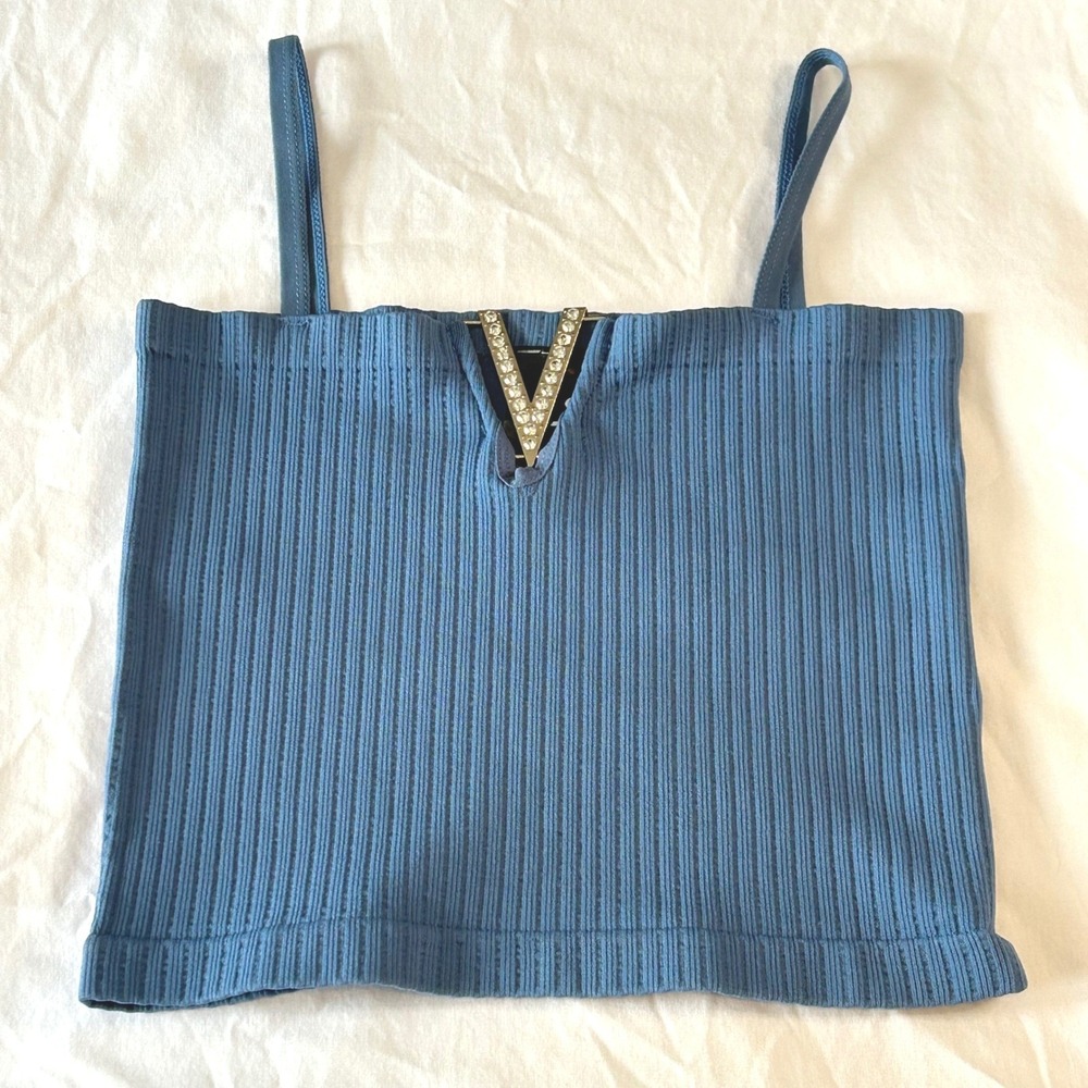 Jera Blue Ribbed Knit V‎ Neck Rhinestone Embellished Crop Top Tank